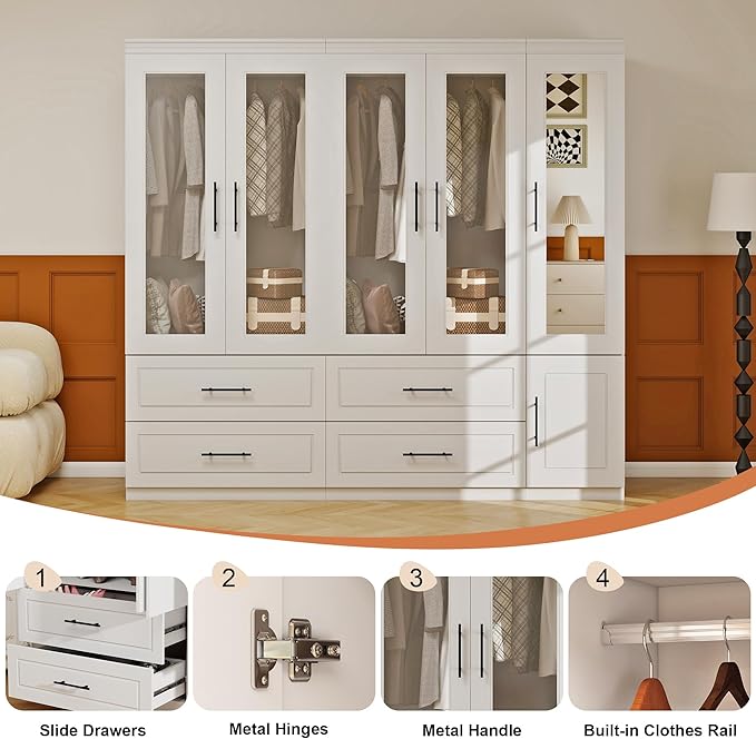 5 Door Armoire Wardrobe Closet with Mirror, Wood Wardrobe Closet with Glass Door Combination Bedroom Armoire 4 Drawer with Hanging Rods for Home/Bedroom/Living Room