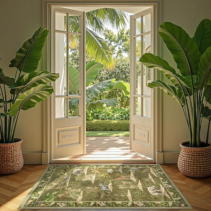 jinchan 3x5 Green Jungle Rug Washable Throw Entryway Rug Animals Print Kitchen Mat Indoor Ultra-Thin Low-Pile Non-Slip Soft Botanical Accent Christmas Carpet for Bedroom Laundry Room (3'x5', Green)