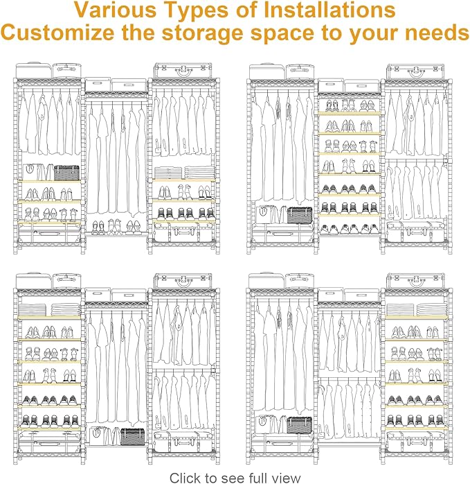 E16 Heavy Duty Clothing Rack（with 7-Tier Adjustable Shoe Rack） Freestanding Clothes Rack for Hanging Clothes，Metal Closet Storage Organizer Large Wardrobe，69'' W x 15.8'' D x 76.2'' H，Black
