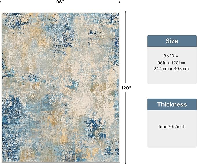 8x10 Area Rugs Washable Blue Rug for Living Room Bedroom, Abstract Modern Large Rug Non Slip, Water Repellent Low Pile Soft Carpet for Dining Room, Blue Ivory