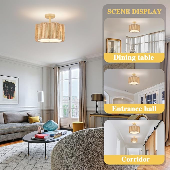 Rattan Semi Flush Mount Ceiling Light, 3-Light Boho Ceiling Lights, Modern Hand-Woven Rattan Boho Light Fixture for Bedroom Living Room Kitchen Hallway and Entryway (Yellow)