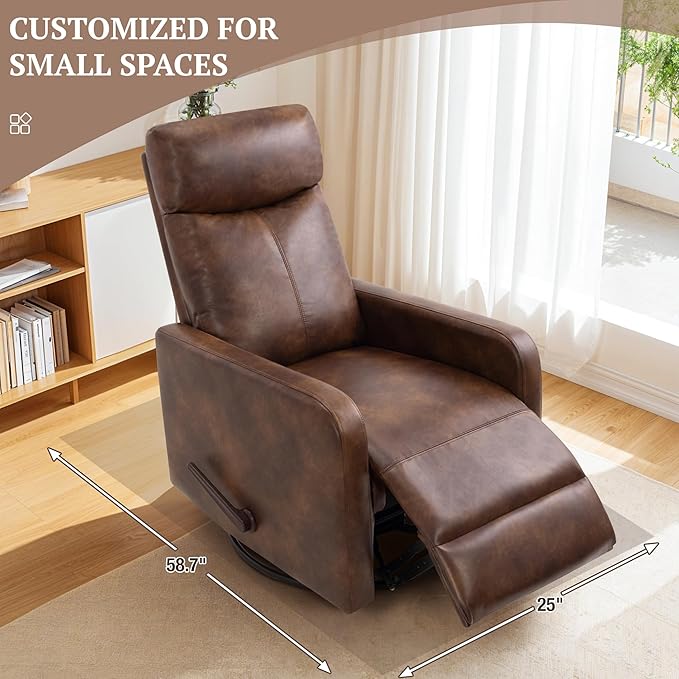 Swivel Rocking Recliner Chair for Small Space, Manual Swivel Glider Recliner for Nursery,RV,Rocking Recliner with Footrest and Side Pocket (Light Brown)