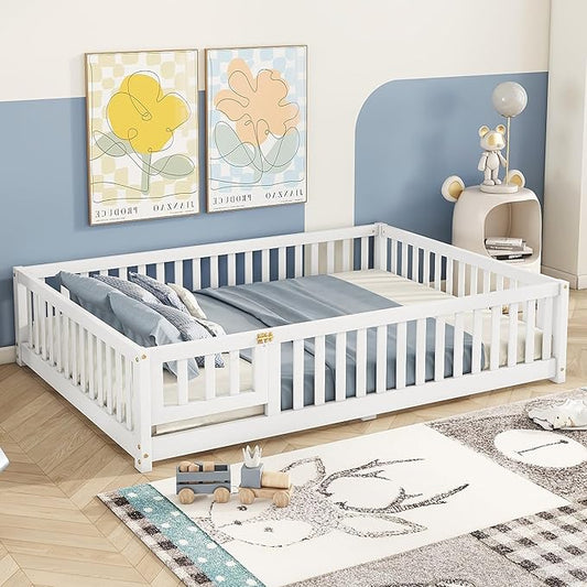 Bellemave Full Size Floor Bed with Slats and Safety Guardrail, Full Size Montessori Floor Bed with Fence and Door, Easy Assemble Montessori Beds for Kids, Girls, Boys, White