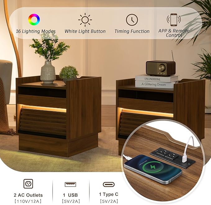 Mid Century Modern Nightstand with Charging Station and LED Lights, Bedside Table with 2 Drawers & Open Shelf, Smart End Table for Bedroom or Living Room (Brown+LED)