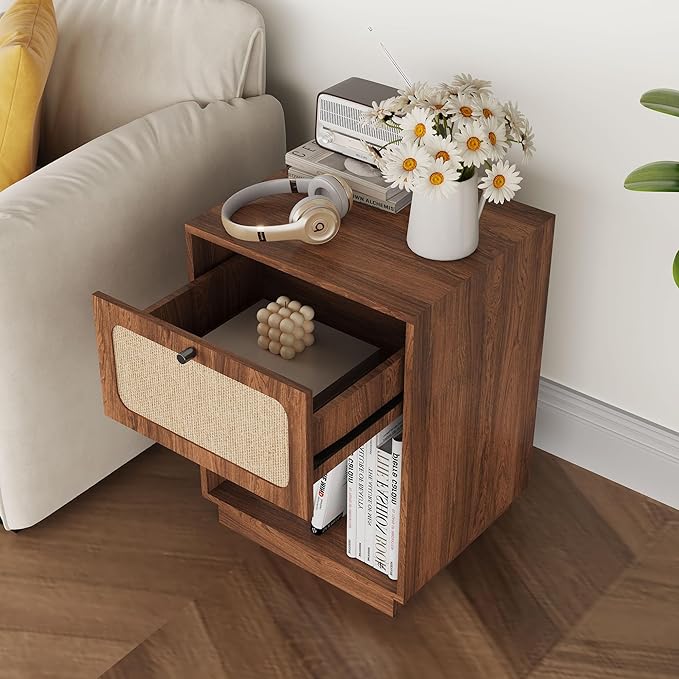 16" Wooden Night Stand with Drawer and Open Shelf, Mid Century Wooden Bed Side Table with Storage, Linen Decor Small End Table for Bedroom, Home Office, Living Room (Walnut)