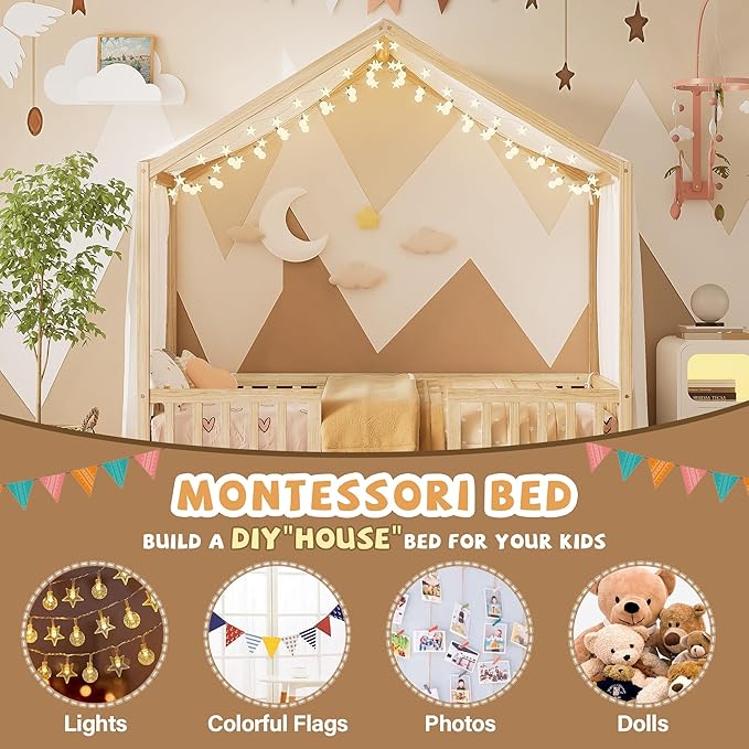 Bellemave Twin House BedFrame with Canopy, Montessori Floor Bed, House Bed with Rails for Kids, Natural