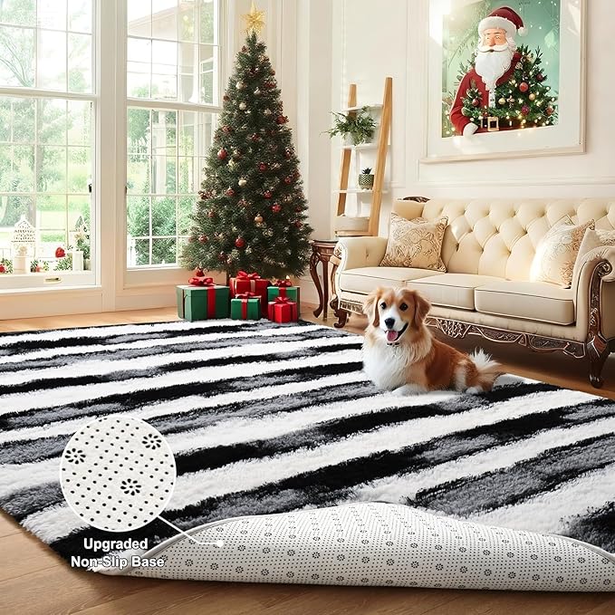 4x6 Feet Area Rugs for Living Room Bedroom,Black and White Machine Washable Soft Fluffy Shaggy Indoor Rug, Floor Carpet for Girls Boys Kids, Dorms, Nursery Rooms, Home Decor Aesthetic