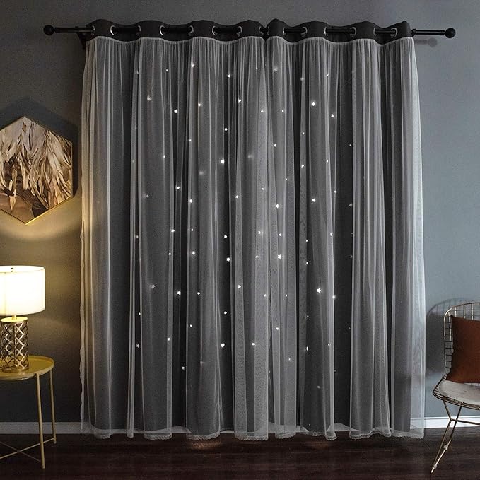 Kinryb Grey Star Curtains for Bedroom Star Hollow Out Blackout Curtains for Kids Room Decor Double Layer Cut Out Window 2 Panel with Tiebacks 52W x 84L Grey