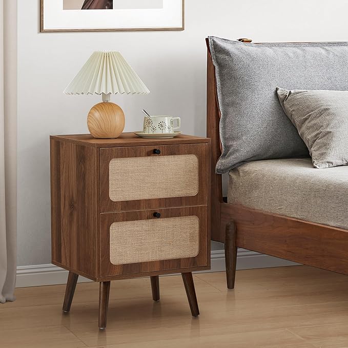 16" Wooden Nightstand with 2 Storage Drawer, Farmhouse Bedside End Table with Linen Decor, Mid Century Modern for Night Stand Bedroom, Living Room & Small Spaces (Walnut)