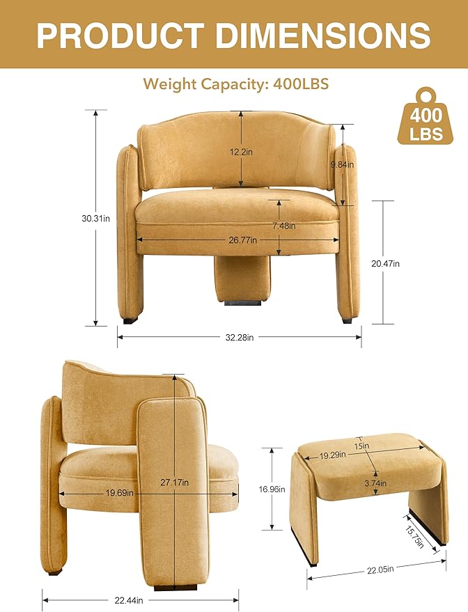 LOULENS Oversized Accent Chair with Ottoman, Modern Upholstered Barrel Chair with Footrest, Comfy Round Armchair for Living Room, Bedroom, Reading Room & Corner (1, Yellow)