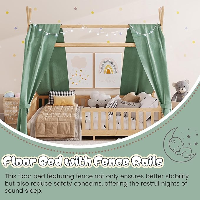 Montessori Bed Full Size with Light and Slats, Wood Teepee Floor Bed for Kids Boys Girls,House Bed Frame with Rails & Roof,No Box Spring Needed, Natural