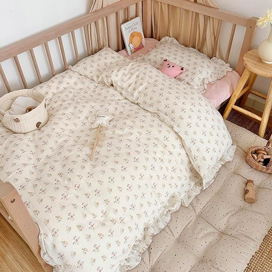 AOJIM Kids Muslin Duvet Cover with Azalea Pattern, Pure Cotton Floral Print Toddler Bedding Comforter Cover 1 Piece 47X59'', Ruffled Edges Crib Duvet Cover 2-Layer Muslin for Boys Girls, No Comforter