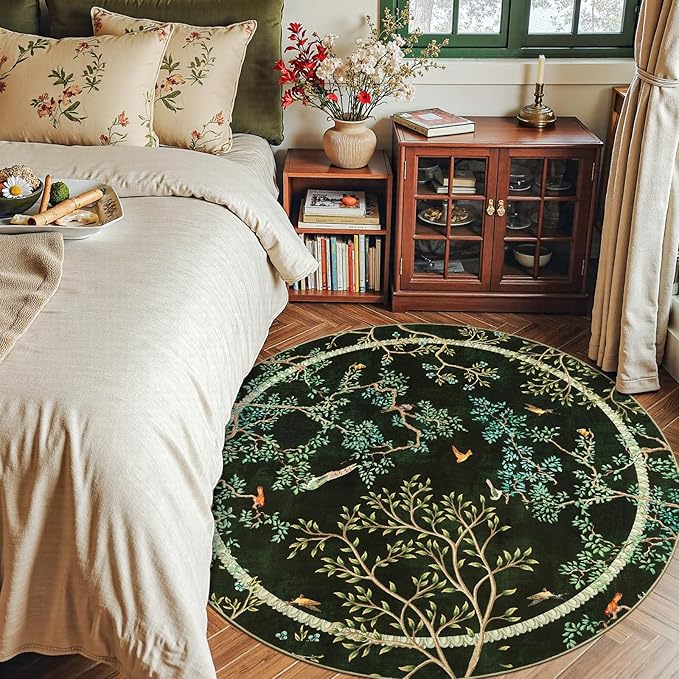 jinchan Yarden Christmas Round Rugs 5ft Moss Green Botanical Birds Print,Machine Washable 5' Circle Nature Plants Modern Soft Non-Slip Throw Area Rugs, Low Pile Carpet for Entryway Bedroom Kids Room