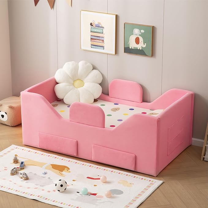 Toddler Bed Frame with 2 Drawer and Storage Bag, Kids Bed with Removable Safety Rails, Standard Crib Size Portable Beds, Safety Upholstered Child Beds for 1-6 Years Old