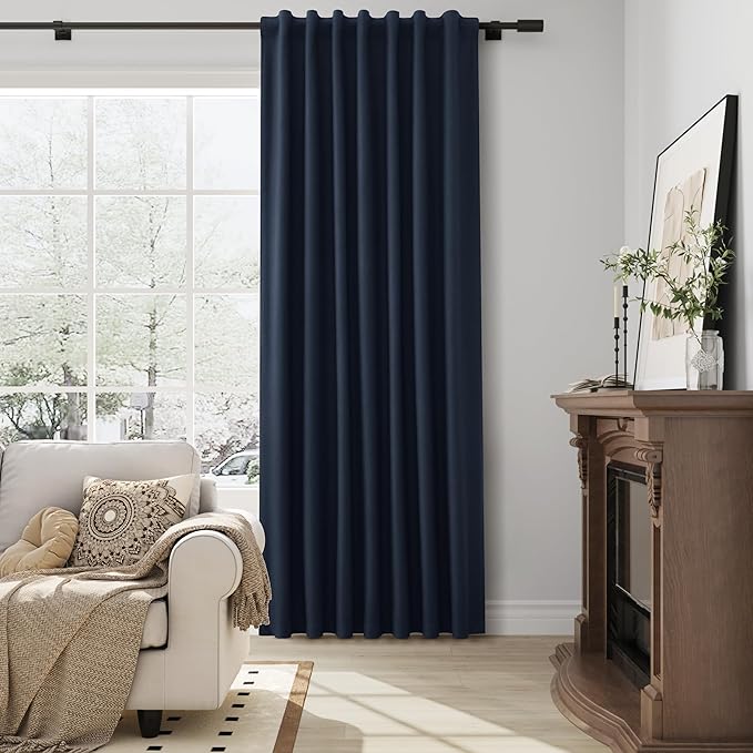 Guken Navy Blue 100% Room Darkening Linen Curtains for Living Room Bedroom 80 Inches Long Textured Elegant Back Tab 100% Blackout Thermal Insulated Soundproof 2 Panel Sets Dark Blue 52x80