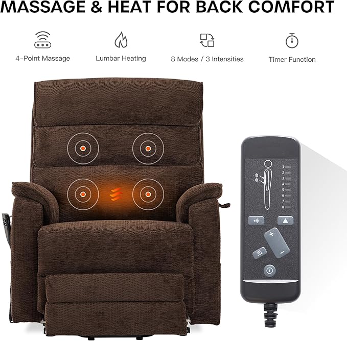 DYNOX 400lbs Big Tall Man Large-Wide Power Dual Motor Lift Recliners Chairs for Elderly, Lay Flat Lift Chair with Infinite Positions, Heat & Massage, Extended Footrest (9298L,Chenille,Brown)