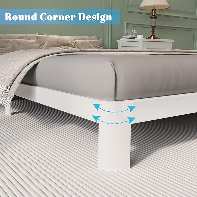 4 Inch Twin Bed Frames with Metal Baffles, White Bed Frame Twin Size No Box Spring Needed, Rounded Corner Legs, Heavy Duty Steel Platform Support, Noise Free, Easy Assembly