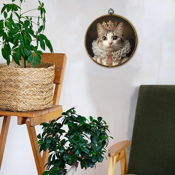 Hiuwevt Cat Renaissance Style Wall Art Decor, Cat Mom Lovers Gifts for Women Framed Canvas Prints, King Kitten Round Wall Hanging Decor for Home Bedroom Living Room Decorations, 10x10 Inches