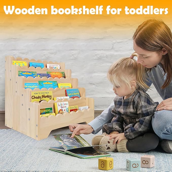 5 Tier Small Wooden Scalloped Shelf for Toddler 1-5 Years, Kids Bookshelf Children Montessori Bookshelf, Durable Baby Toddler Bookcase for Nursery Playroom, 16.9*11.4*15.7"