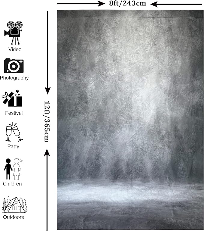 Abstract Professional Photography Backdrop for Portrait Photo Props Booth Background Photoshoot Studio with Polyester Fabric Roller Pocket on Top (8x12ft,Grey,No Stand)