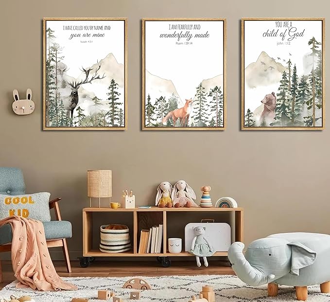 3pcs Forest Animals Bible Verse Wall Art Misty Forest Deer Bear Fox Paintings Canvas Prints Poster Inspirational Quotes Pictures Wall Decor for Home Bedroom Nursery Baby Room Playroom Decor Unframed