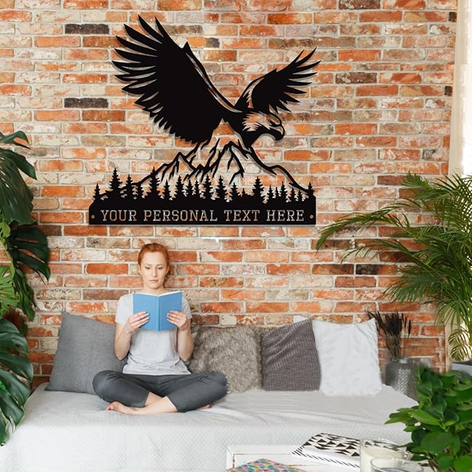Custom Eagle Metal Wall Art, Personalized Name Sign, Bald Eagle Cabin/Porch/Living Room Decor, Personalized Birthday/Father's Day/Housewarming Gift for Dad/Hunters/Veterans/Outdoorsmen