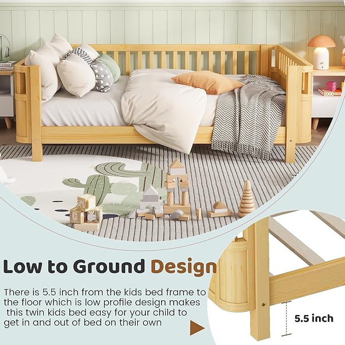 Full Size Bed Frame Kids with Rails, Wood Montessori Bed Full with Slats Support, Modern Daybed Low to Ground with Removable Bed Rails for Girls Boys Bedroom Living Room, Natural