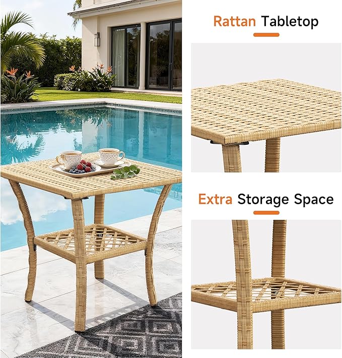 DECMICO Outdoor Rocking Chair, 3 Pieces Wicker Rocking Bistro Set with Rattan Table, Rattan Rocking Chairs with Washable Cushions, Outdoor Wicker Chair for Garden Backyard Porch Poolside