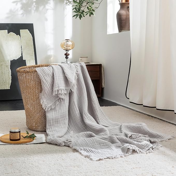 FOSSA Muslin Blanket with Fringe - 4-Layer 100% Cotton Gauze Super Soft & Breathable Throw -Lightweight Decorative Cooling Blanket for Bed, Sofa, Office -Throw XL Size 70" x 50" (Grayish)
