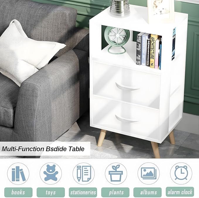 Night Stand, White Kids Nightstand with Fabric Drawers, Nursery Side Table with Open Storage, 3-Tier Modern End Table, Bedside Table for Small Space, Living Room, Bedroom