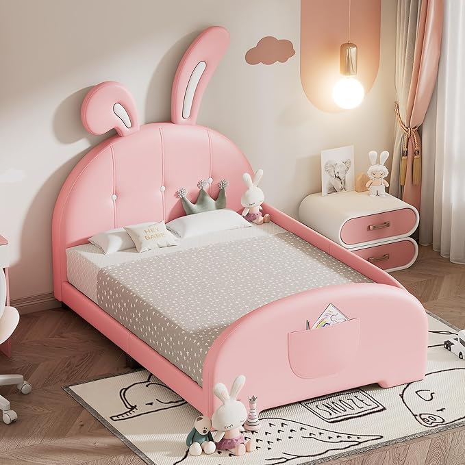 Harper & Bright Designs Twin Size Upholstered Rabbit Shape Princess Bed Frame for Boys Girls Kids Adults Toddler, Twin Size Platform Bed with Headboard and Footboard,Pink