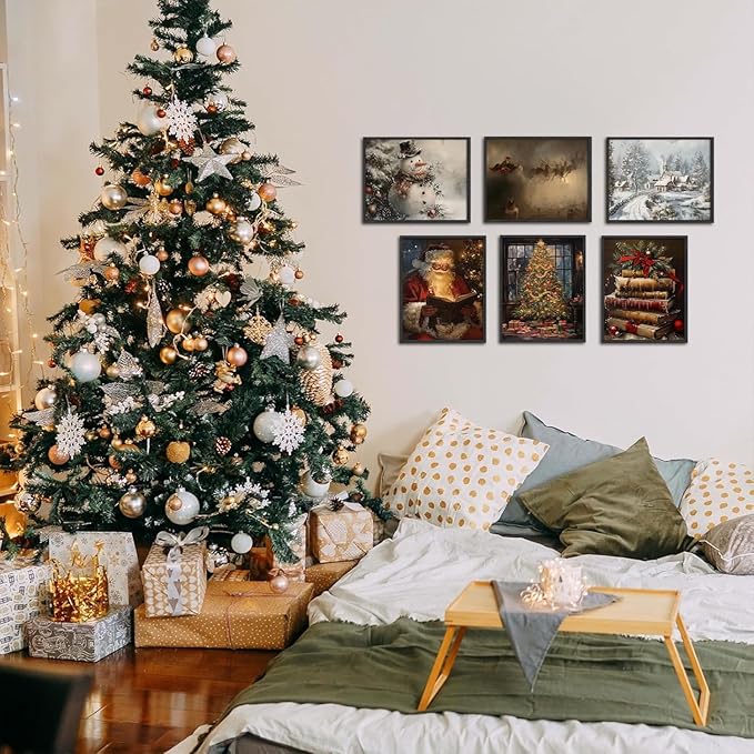 Vintage Christmas Santa Poster Set of 6, Santa Claus Pictures Wall Art Christmas Tree Wall Decor Painting Rustic Holiday Canvas Print Artwork for Living Room Farmhouse 8x10 inch Unframed