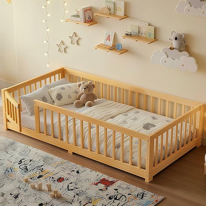 Bellemave Montessori Twin Floor Bed Frame with Fence and Removable Door, Low Profile Twin Size Montessori Bed Frame for Kids, Solid Wooden Floor Beds for Bedroom,Nursery, Natural