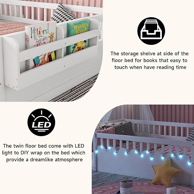 Full Toddler Floor Bed with High Rails, Wooden Montessori Bed Frame with Light and Storage Shelf, Full Size Bed Frame for Kids, Boys and Girls, White