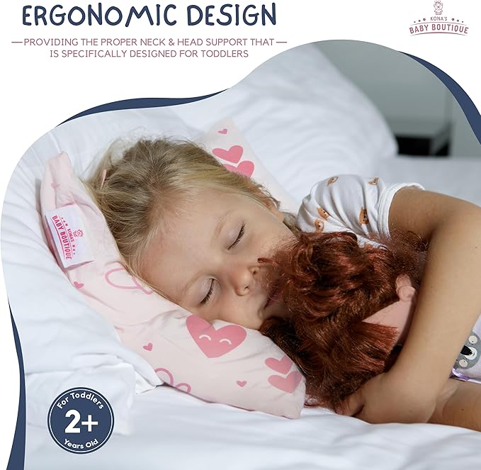 Pink Hearts - Kona's Perfect Toddler Pillow with Softest Toddler Pillowcase - 13 x 18 inch Toddler Pillow - Toddler Pillow 2 Year Old, Toddler Pillow 3 Year Old
