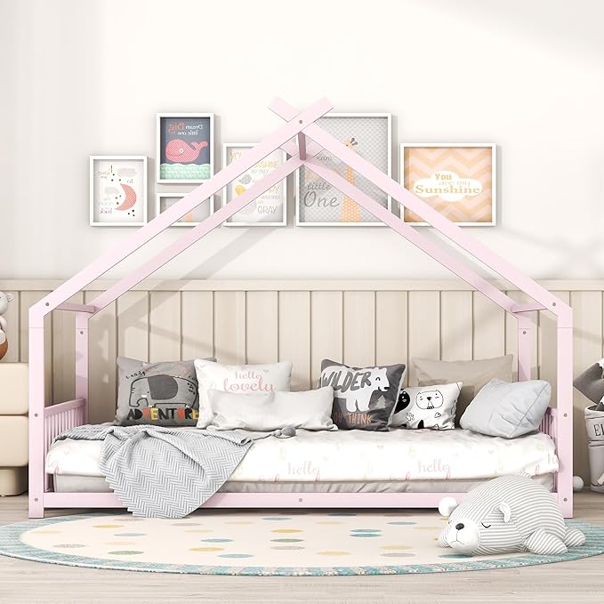 Full Size House Shaped Montessori Platform Beds, Wood Floor Bed Frame with Roof and Fence Deisgn, Kids Double Toddler Bed for Children Boys Girls, Easy Assemble, No Box Spring Needed, Pink