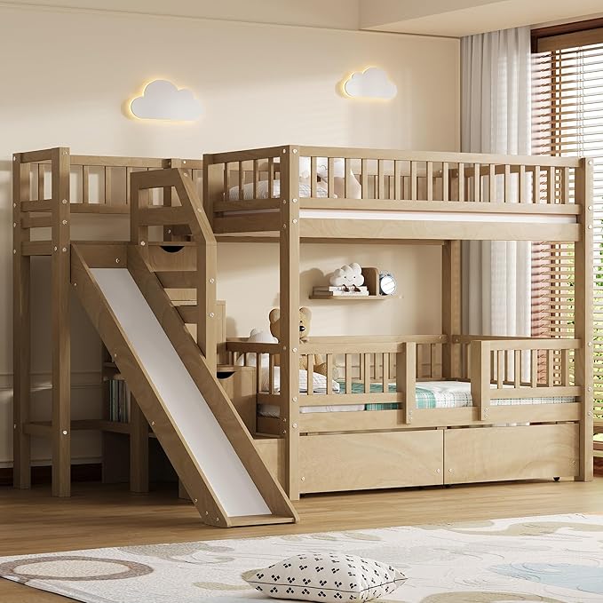 Twin Over Twin Bunk Bed with Storage Staircase, Solid Wood Bunk Bed Frame with Slide and 2 Drawers for Kids Teens Adult Bedroom, No Box Spring Needed (Walnut/63r)