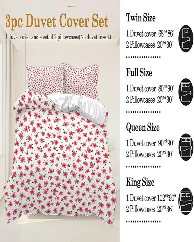 Pink Floral Duvet Cover King Size Garden Bedding Sets Kids Girls White Comforter Aesthetic Botanical Vintage Flower Print with Zipper Ties, King (102''x90'')