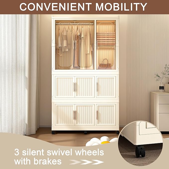 Kids Portable Wardrobe Closet Organizer with Magnetic Doors, 8 Cubes & 1 Hanging Rod, 6 PCS Hangers, Children's Plastic Wardrobe Closet for Bedroom Storage, Large Storage Cabinet