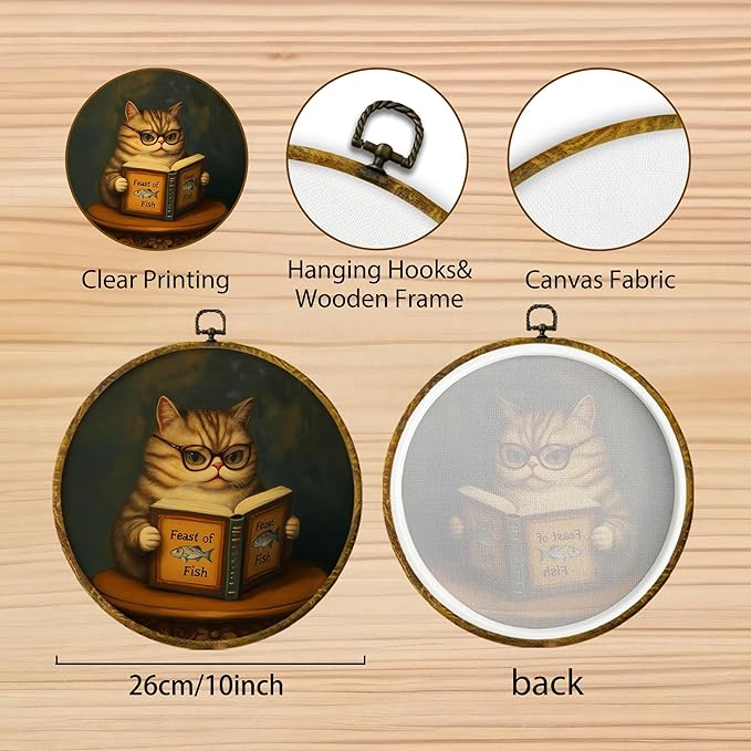 Hiuwevt Vintage Cat Reading Book Round Wall Art, Reading Nook Corner Decor, Book Club Decorations, Funny Cat Hanging Canvas Prints Wall Decor for Library Classroom Home, 10x10 Inch