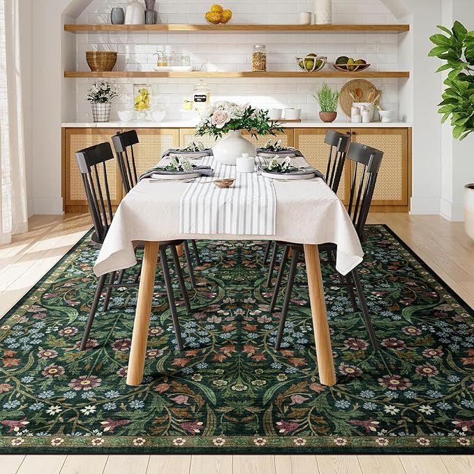 8x10 Washable Area Rug for Living Room, Floral Non-Slip Non-Shedding & Easy Care, Large Soft Low Pile Botanical Indoor Floor Carpet for Living Room, Bedroom, Dining Room, Nursery, Green