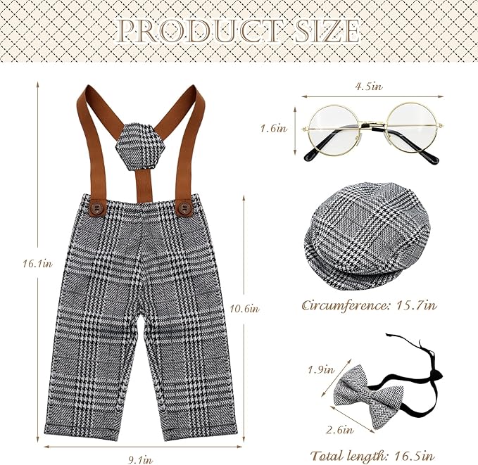 SPOKKI 4 Pcs Newborn Baby Photo Props, Lattice Rompers Suspender Pants with Beret Glasses Bow Tie for Infant Boys' Costumes, Newborn Boy Photography Outfit Set (Grey)