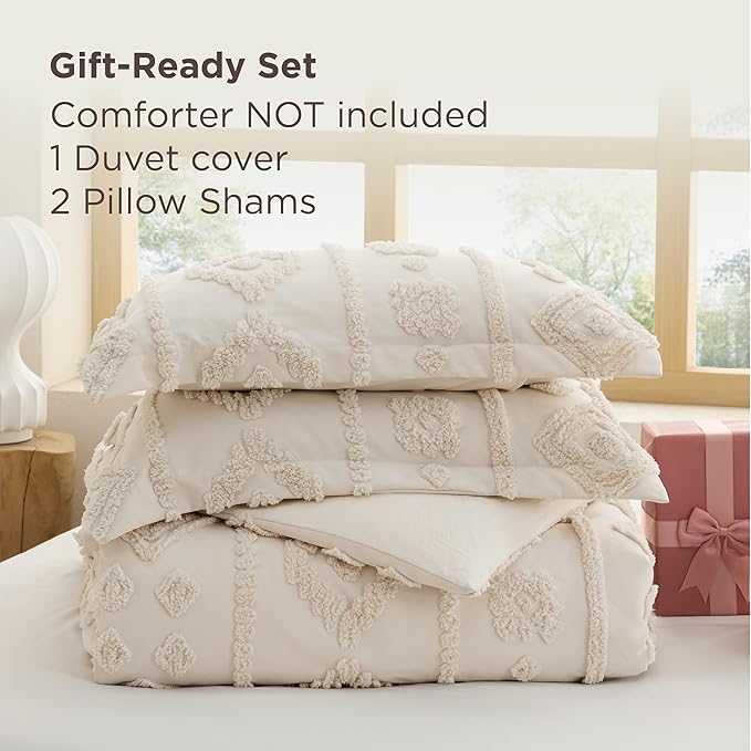 Bedsure Boho Duvet Cover Queen Size - Beige Tufted Boho Bedding, Farmhouse Shabby Chic Embroidery Bedding for All Seasons, 3 Pieces, 1 Soft Jacquard Queen Comforter Cover and 2 Pillow Shams