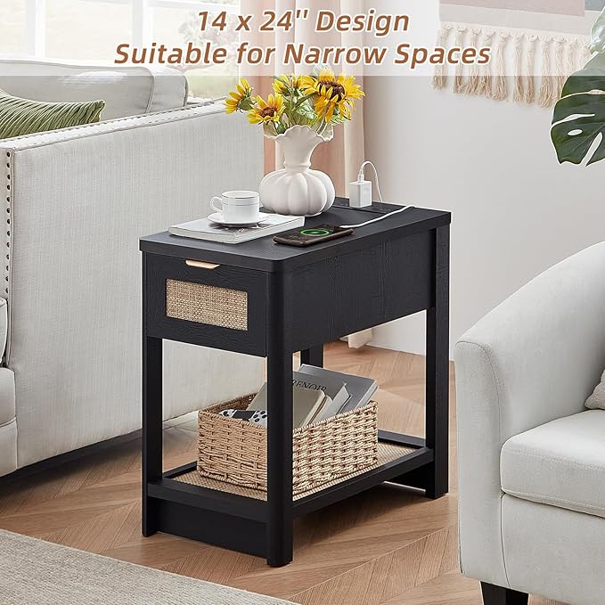 Lerliuo Narrow Night Stand with Charging Station, Boho Nightstand with Drawer, Bed Side End Table with Rattan Shelf for Small Spaces, Wood Nightstands Bedside Tables for Living Room Bedroom