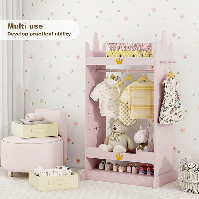 Kids Dress Up Storage with Mirror, Kids Open Hanging Armoire & Costume Storage Dresser, Costumes Wardrobe Closet for Bedroom, Nursery, Preschool, Pink