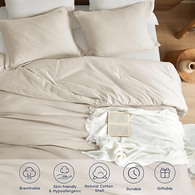 PHF Cotton Muslin Comforter Set King Size, Ultra Soft, Breathable & Lightweight All-Season Bedding, Filling: 100% Polyester, 3 Pieces with 1 Comforter 104"x90" and 2 Pillow Shams 20"x36", Natural