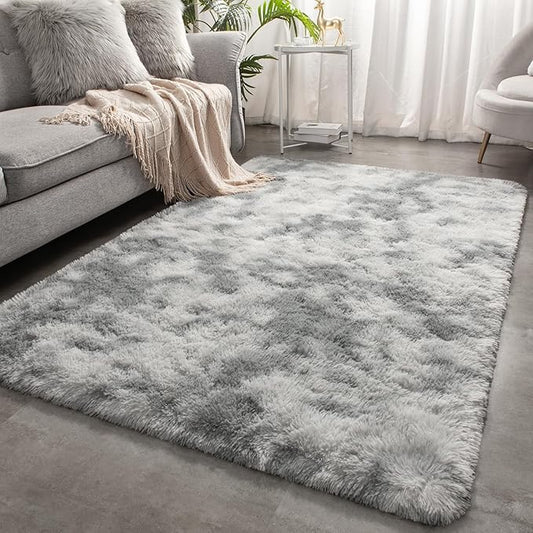 Merelax Soft Area Rugs for Livingroom Bedroom, Shaggy Plush Fuzzy Fluffy Carpet Furry Fur Rug, Modern Indoor Comfy Nursery Kids Dorm Home Decor Floor Mat, 4 x 6 ft, Tie-Dyed Light Grey