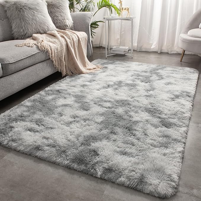 Merelax Soft Area Rugs for Livingroom Bedroom, Shaggy Plush Fuzzy Fluffy Carpet Furry Fur Rug, Modern Indoor Comfy Nursery Kids Dorm Home Decor Floor Mat, 3 x 5 ft, Tie-Dyed Light Grey
