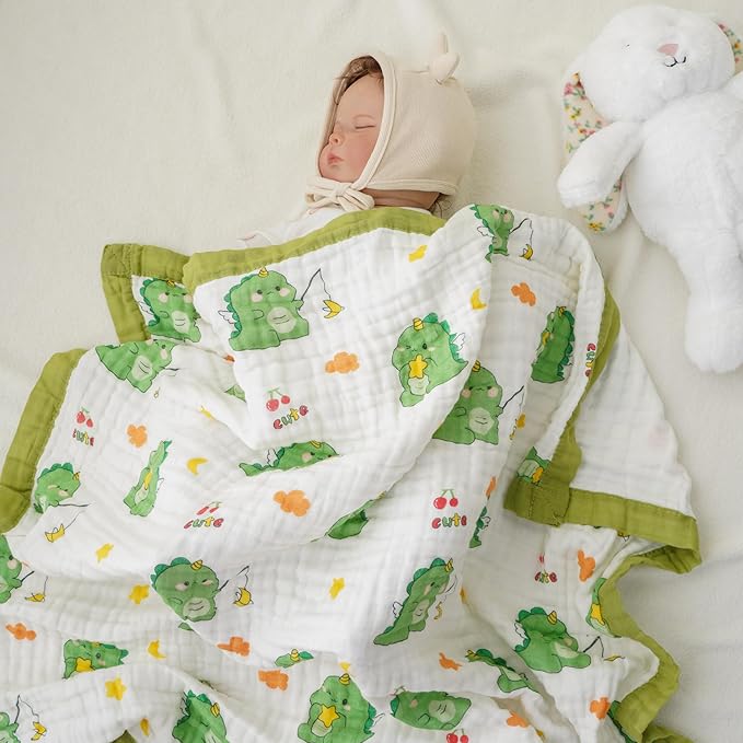 Muslin Baby Blankets, Nursery Blankets for Boys Girls, Swaddle Blankets Neutral Soft Lightweight Toddler and Kids Throw Blankets (Green Dinosaur)