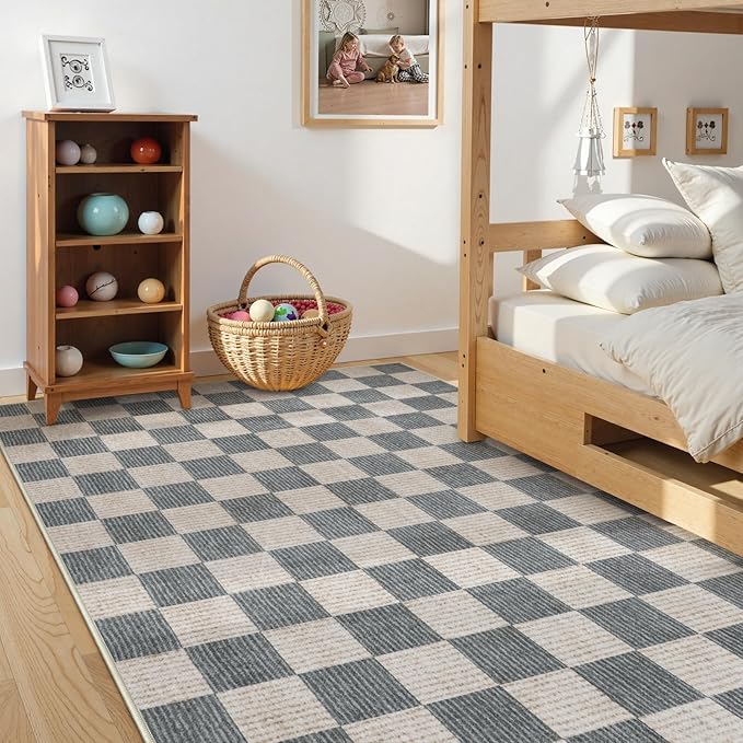 Machine Washable 5x7 Area Rugs for Living Room Checkered, Non Slip Soft Low Pile Geometric Modern Neutral Playroom Rugs for Bedroom Indoor, Large Carpet Rugs for Dining Room Kitchen(Grey, 5'x7')